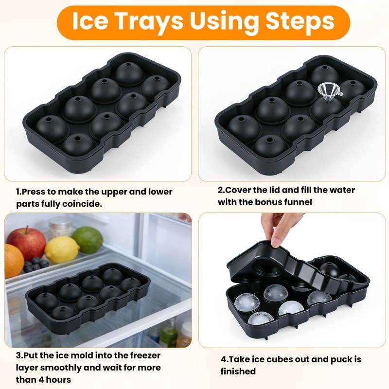 Black Round Silicon Ice Cube Ball Maker Tray 8 Large Sphere Molds Bar w/ Funnel gallery