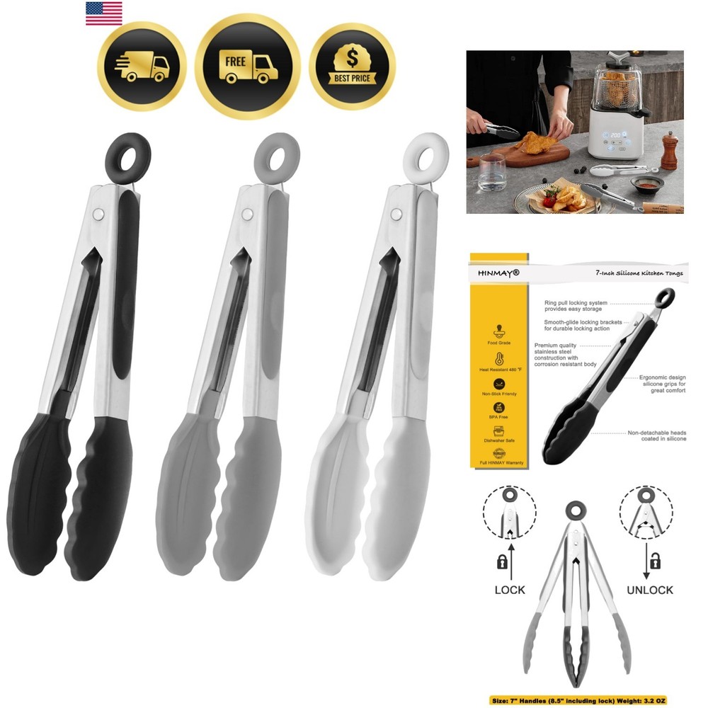 Small Silicone Tongs 7-Inch Mini Serving Tongs, Set of 3 Black Gray White