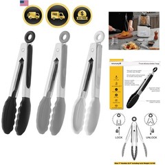Small Silicone Tongs 7-Inch Mini Serving Tongs, Set of 3 Black Gray White