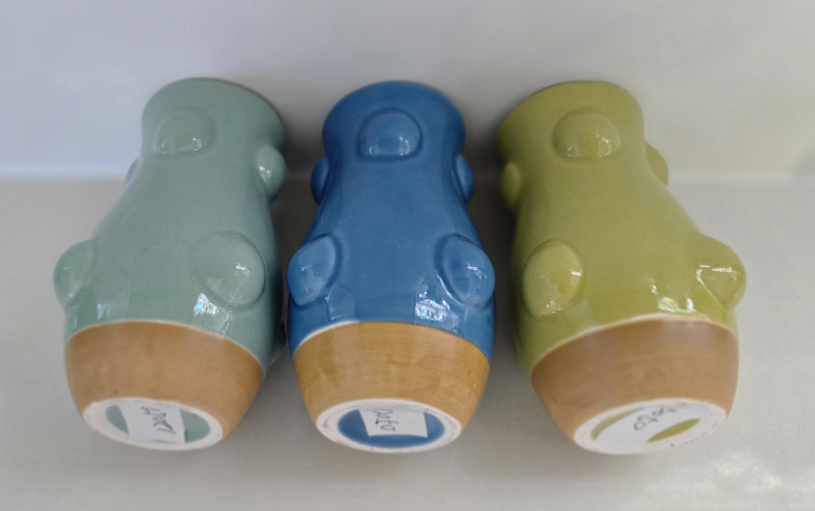 Stoneware Ceramic Bud Vases Set Of Three New Tags Blue Yellow Green gallery
