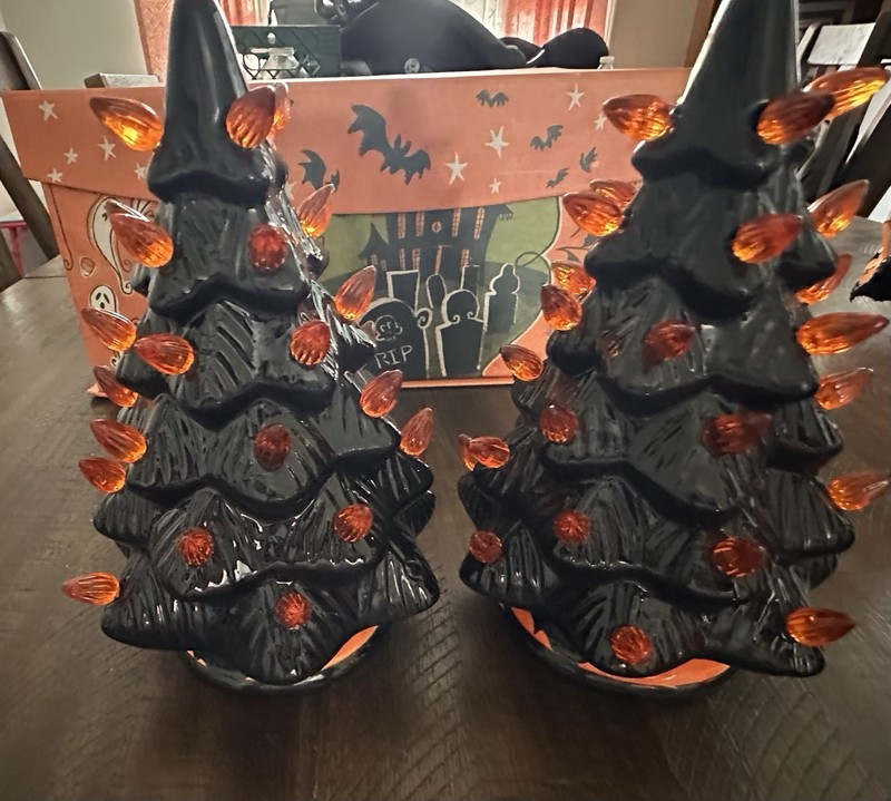 Halloween Black/ Orange Light Up Tree Ceramic Battery Spooky Season Retro gallery