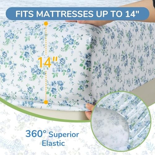 Queen Size 4 Piece Sheet Set, Soft Queen (60"×80") 01 - Blossoms Light Blue gallery