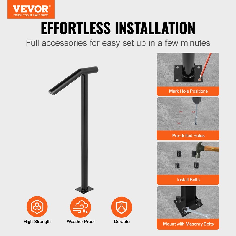 VEVOR 2-Step Handrail Single Post Handrail Round Metal Handrail for Stairs Matte gallery