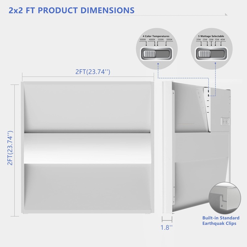 2x2 Troffer Light,4CCT Tunable (3000K-5000K) & 5-Step Wattage Selectable (20W... gallery
