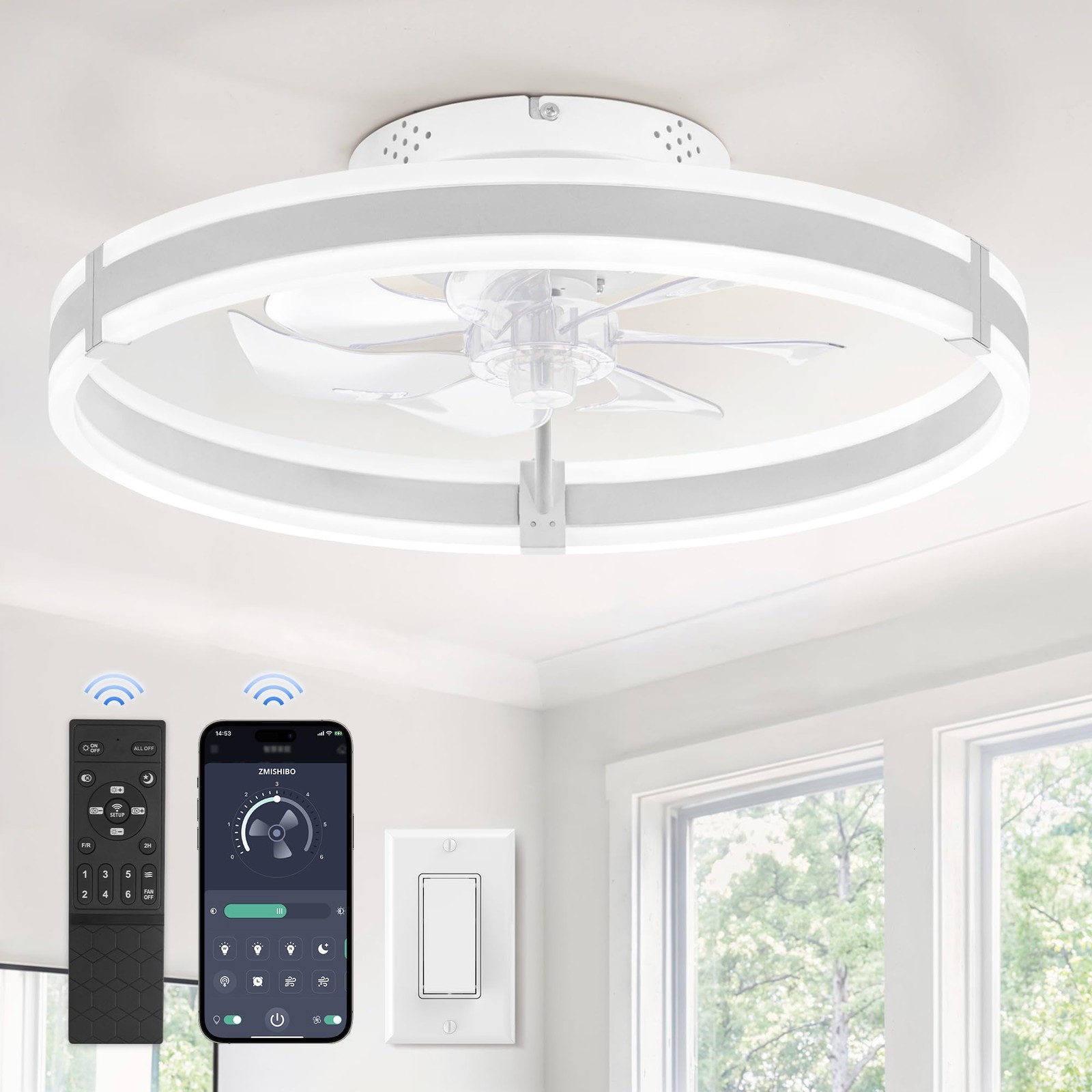 Ceiling Fan 19.7 LED Light Remote 6 Speed White Flush Mount ZMCF005 3000-6000K gallery