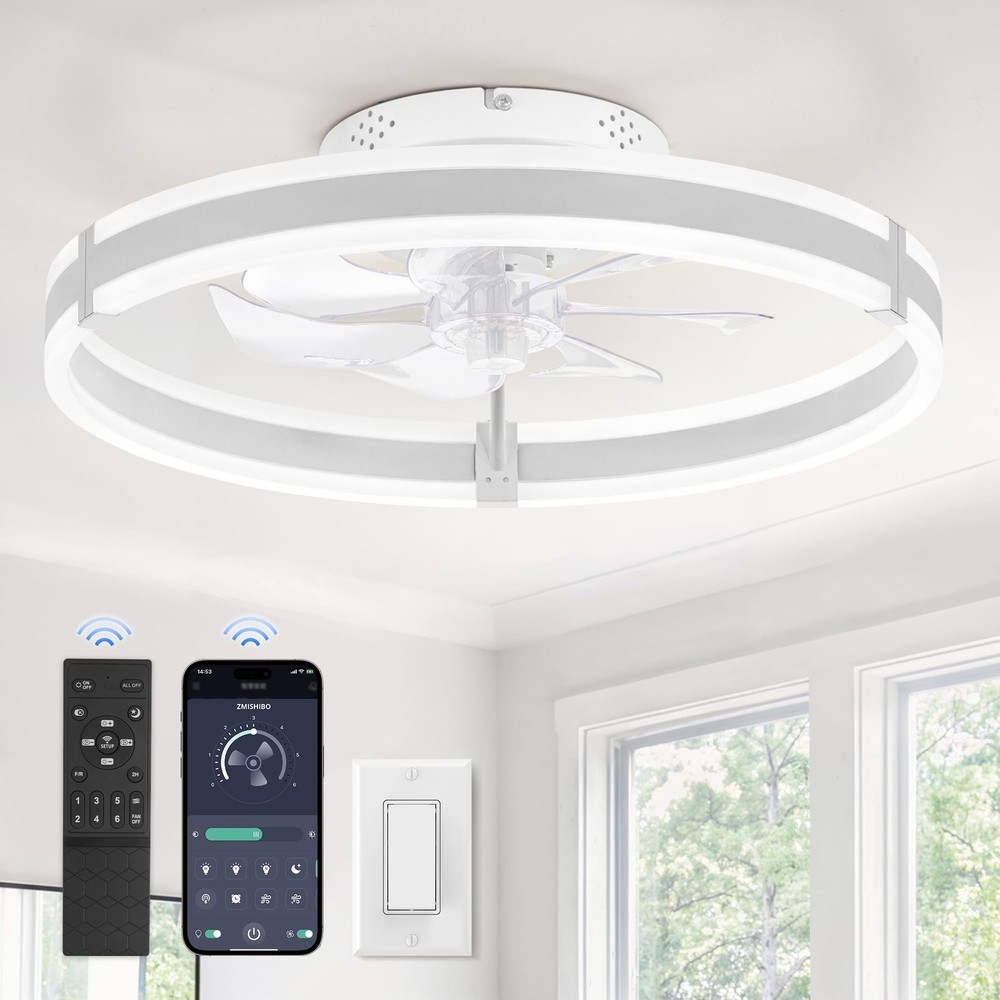 Ceiling Fan 19.7 LED Light Remote 6 Speed White Flush Mount ZMCF005 3000-6000K