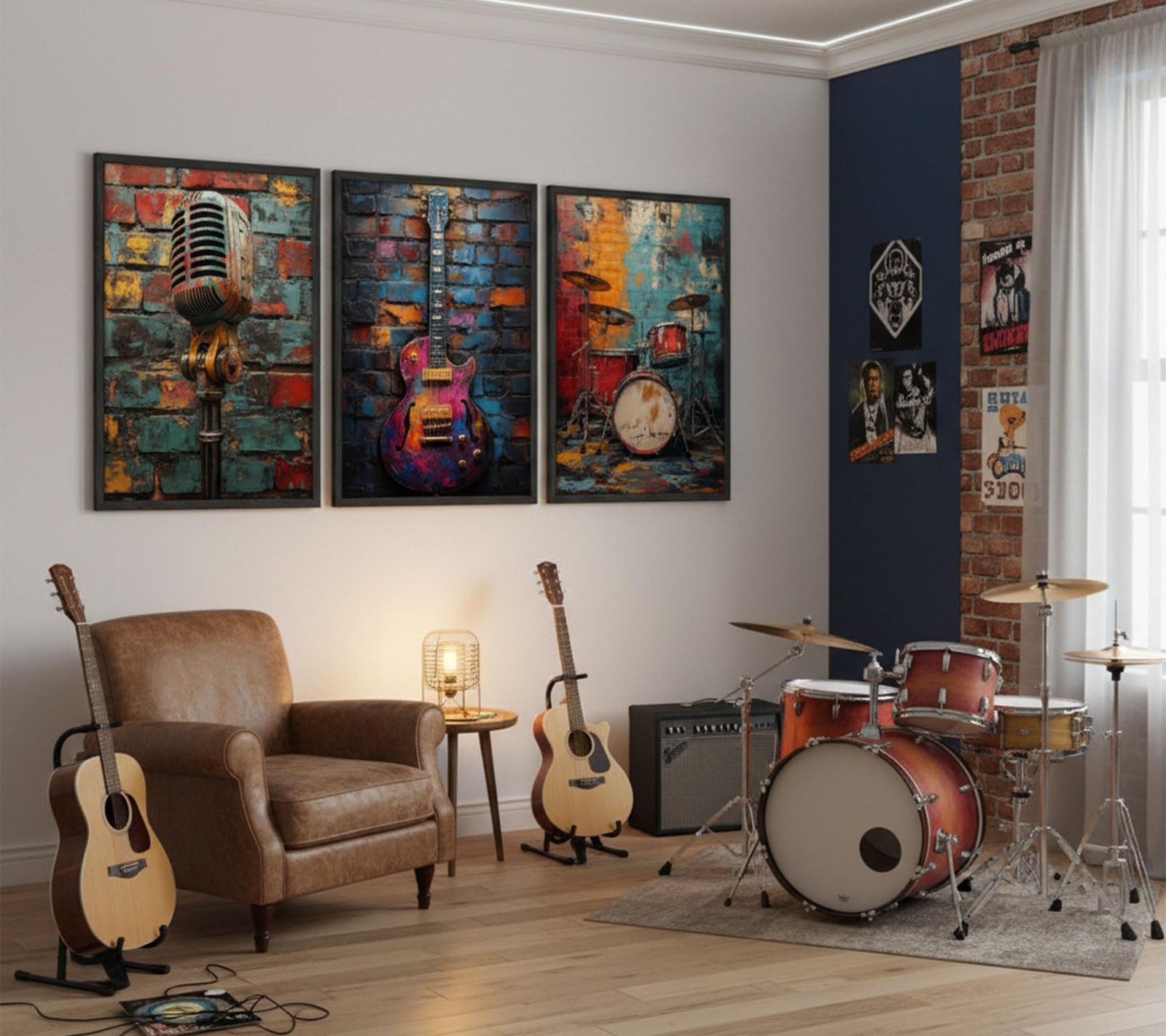 3Pcs Graffiti Musical Instruments Canvas Wall Art Cool Music Theme Posters Pr... gallery