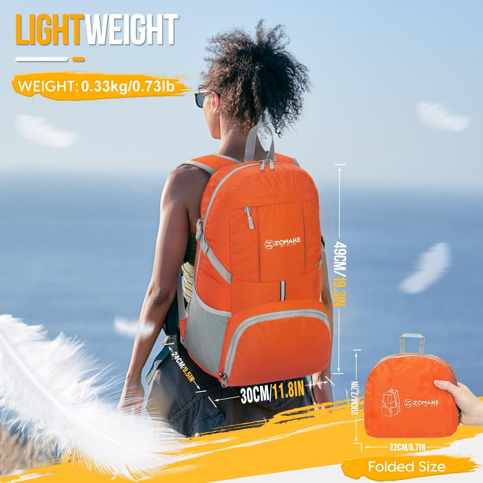 35L Lightweight Packable Backpack Foldable Water Resistant Hiking Bag Orange 2