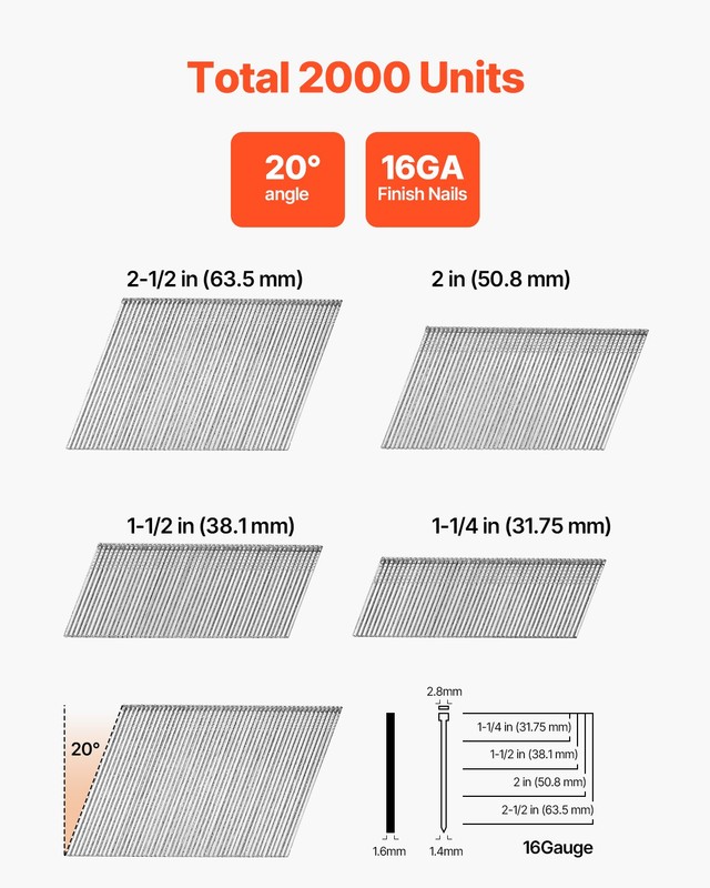 VEVOR 16 Gauge Angled Finish Nails 2000-Count (2-1/2 in,2 in,1-1/2 in,1-1/4 in) gallery