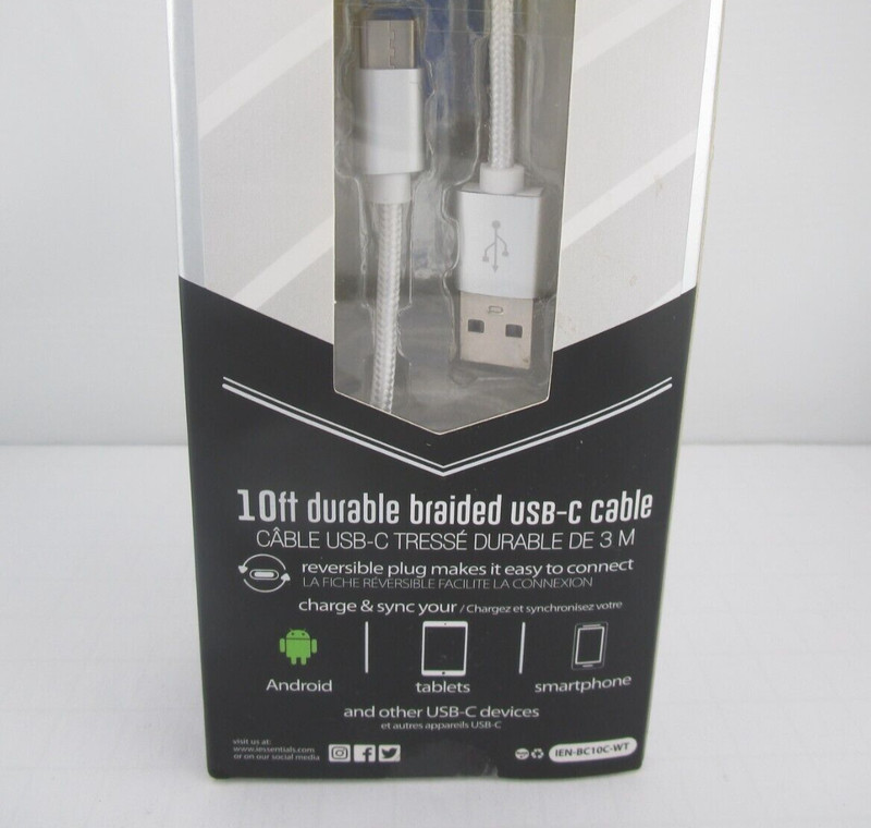 i Essentials WHITE Fast Charging Braided USB Type-C Cable 10 ft. - FREE SHIPPING gallery