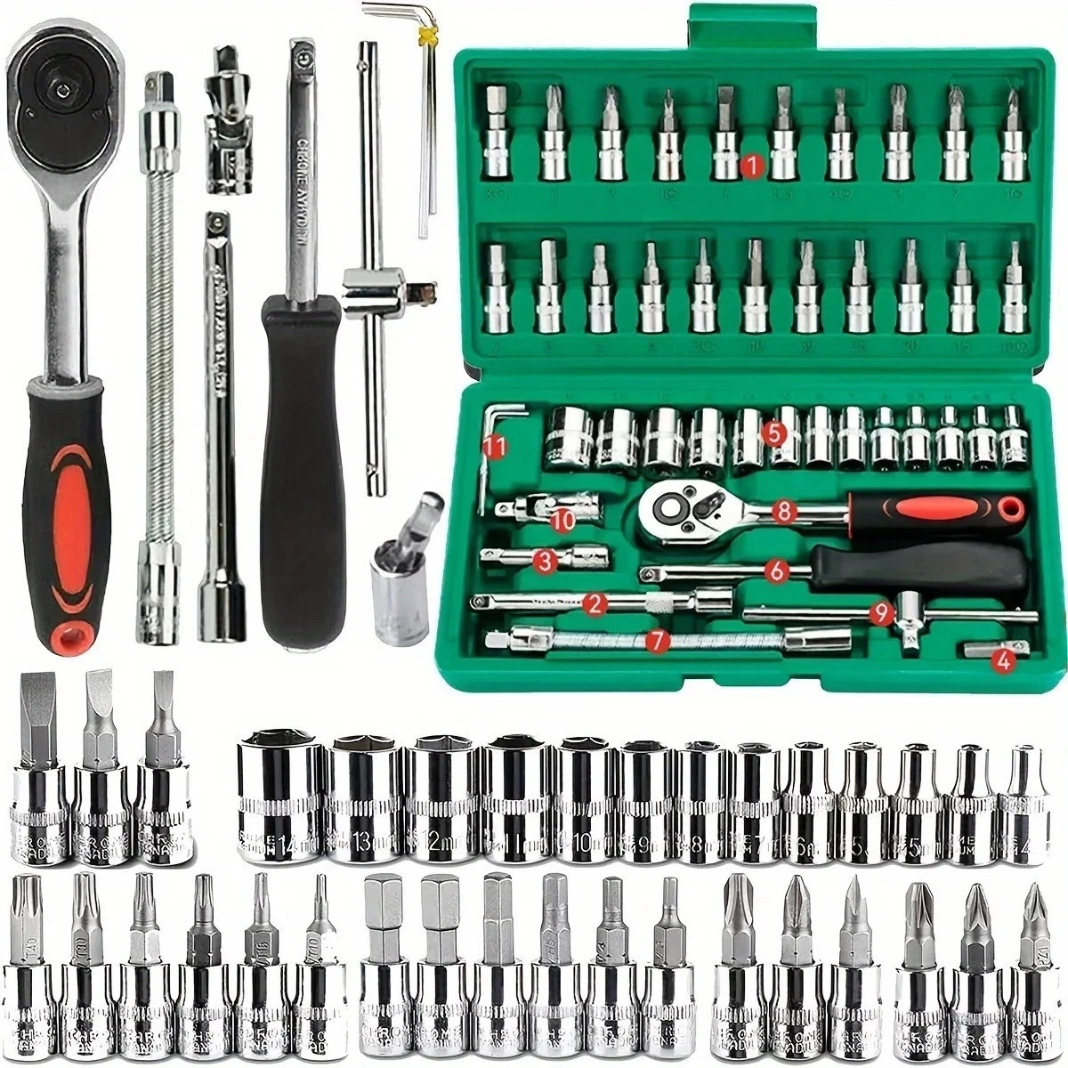 46pc Socket Wrench Set 1/4in Drive Ratchet Metric Car Repair Tool Kit Garage US gallery
