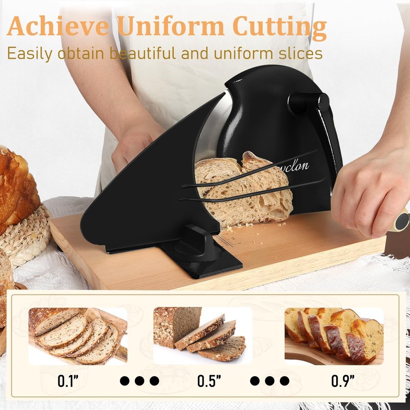 Manual Bread Slicer Adjustable Thickness, Hand Crank, Wood Base gallery