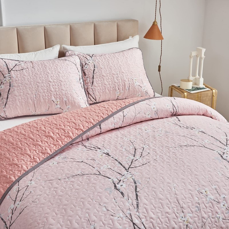 UOZZI BEDDING 3 Pieces Reversible Pink Branch Quilt Set King Size 102x88 Soft... gallery