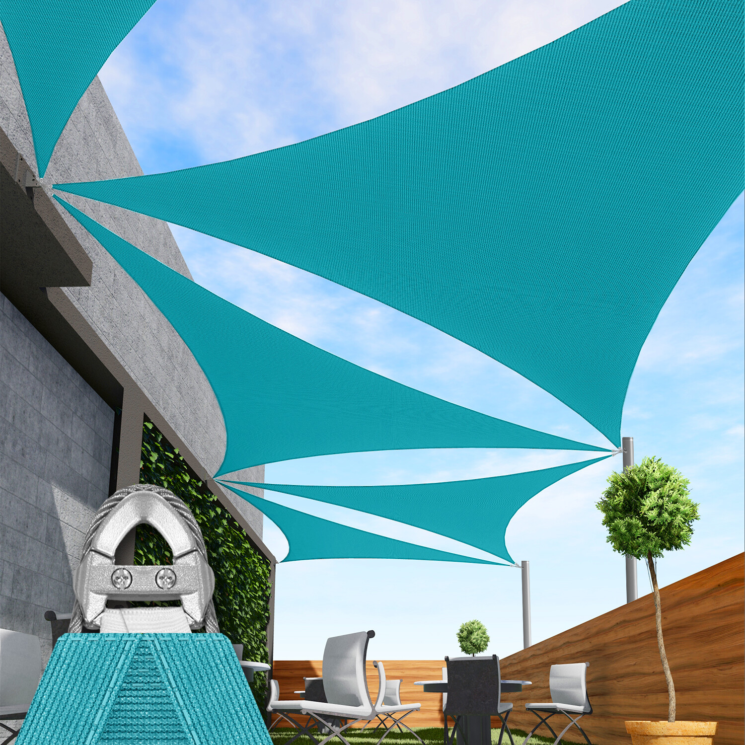 7/8/9ft Turquoise Equilateral Triangle Outdoor Steel Cable Sun Shade Sail 260GSM gallery