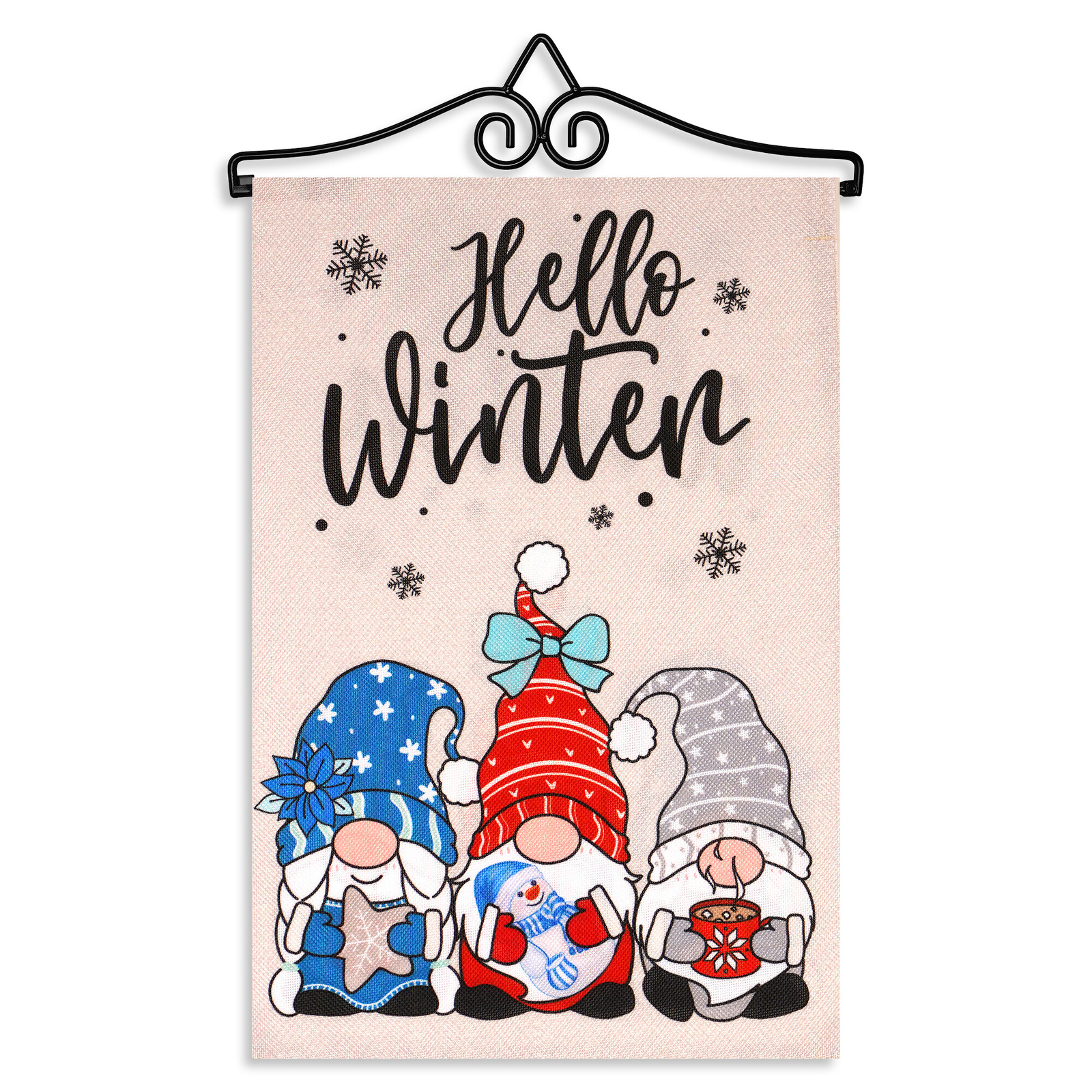 Hanger & GF Hello Winter 3 Cozy Gnomes Hot Chocolate Printed DS Burlap Fabric gallery