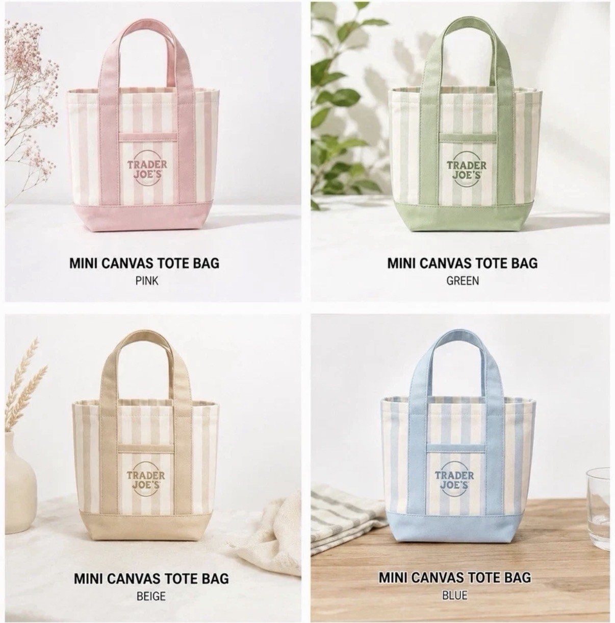 Trader Joe’s Mini Tote Bag 4-Pack Set Pink Blue Green Beige New gallery