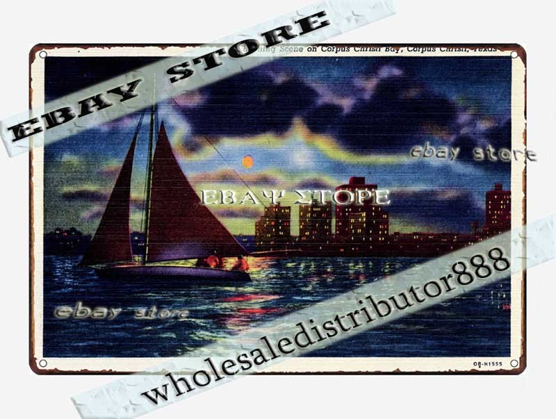 1940 Corpus Christi Texas Evening Harbor Bay Scene Tin Sign art lodge cafe wall gallery