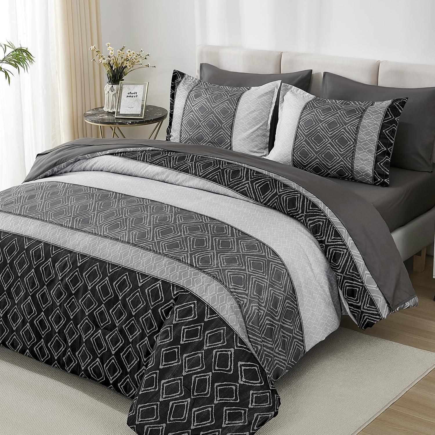 Comforter Set Dark Gray Boho,7 Piece Bed in a Bag Size Queen Black and Gray gallery