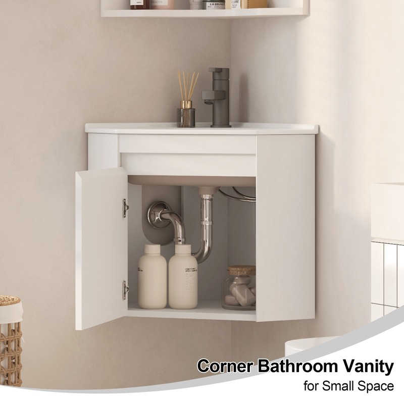 Corner Bathroom Vanity Sink Wall Mounted Combo for Small Space White Ceramic Top gallery