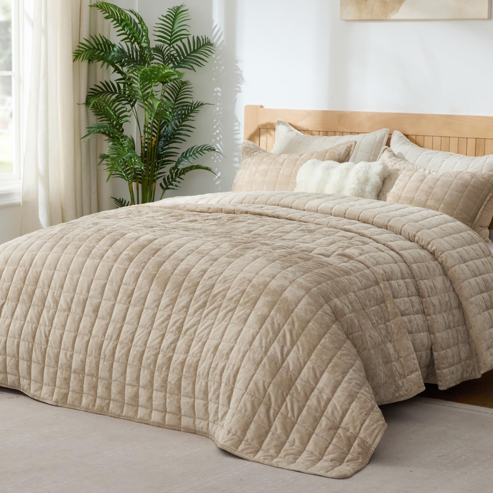 Velvet Quilt Set King Size Lightweight Taupe Comforter 2 Shams BEDELITE Luxury gallery