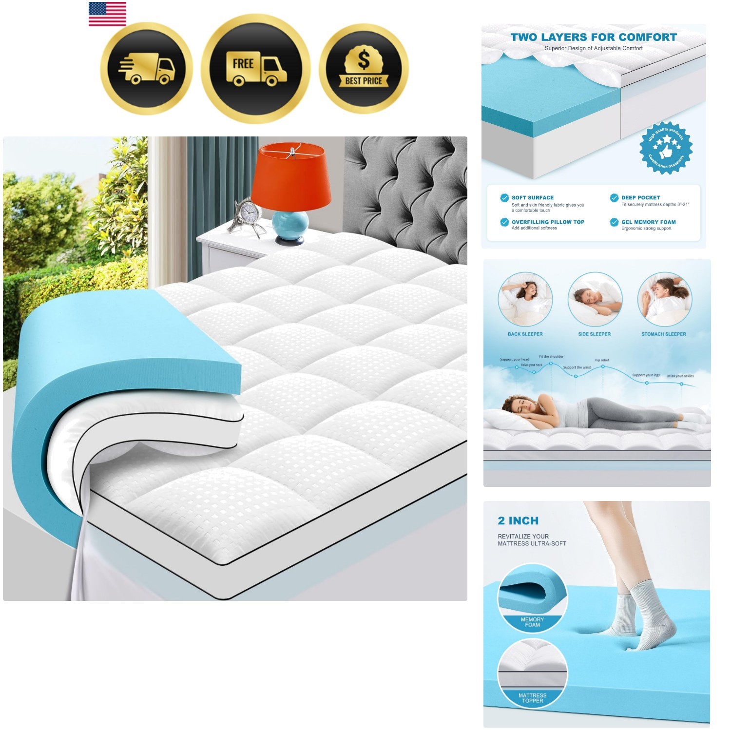 King Size Dual Layer 4 Inch Memory Foam Mattress Topper, 2 Inch Gel Memory Fo... gallery