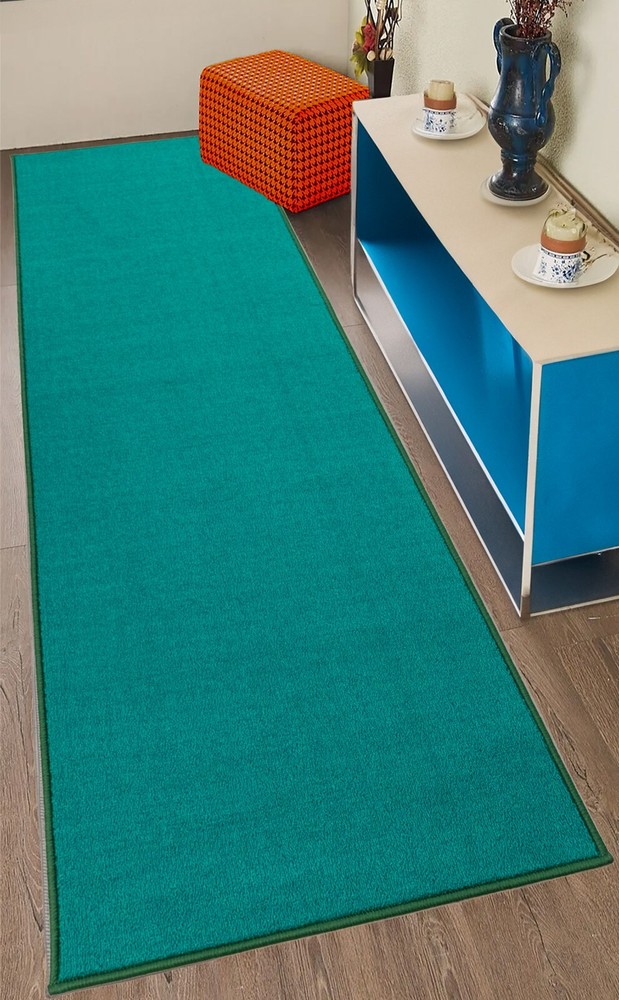RUG RUNNER Washable Non Slip Solid Design Blue Green 26"/30"/36" Width