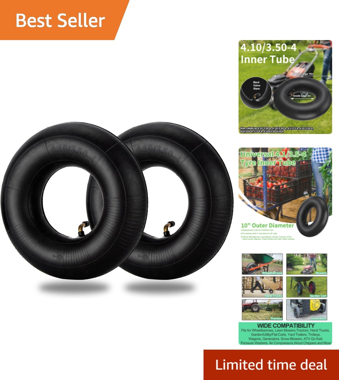 Durable 4.10/3.50-4 Inner Tubes, 2 Pack for Wheelbarrows & Mowers - Easy Install gallery