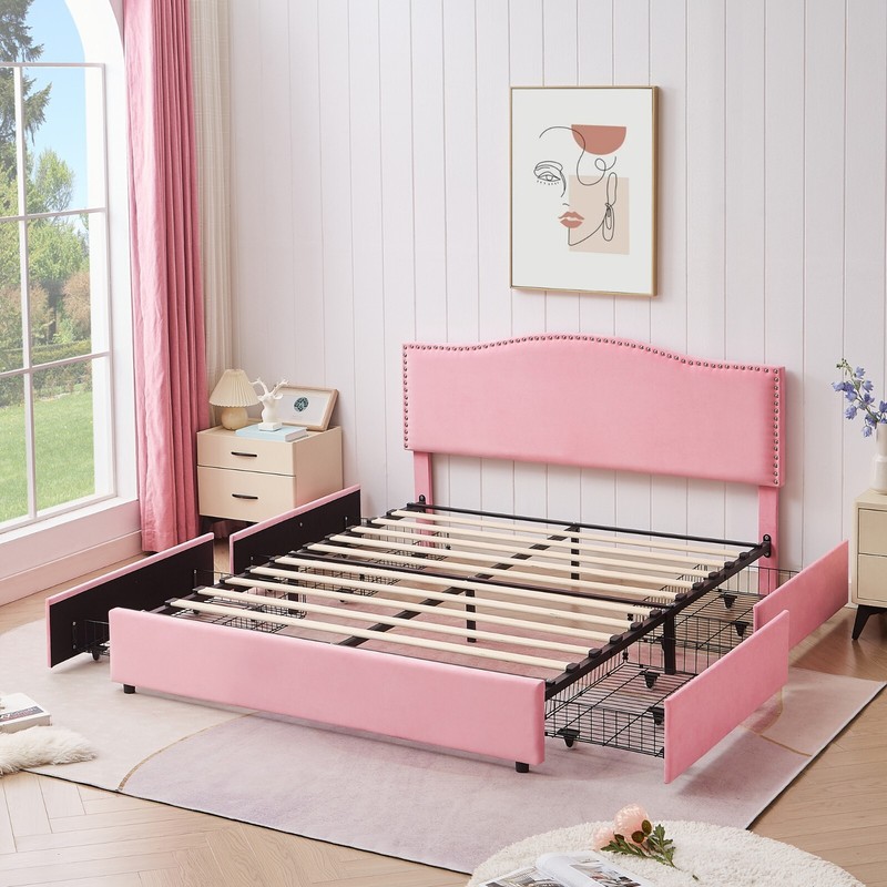 Full Queen Size Upholstered Bed Frame with Adjustable Headboard and 4 Drawers gallery