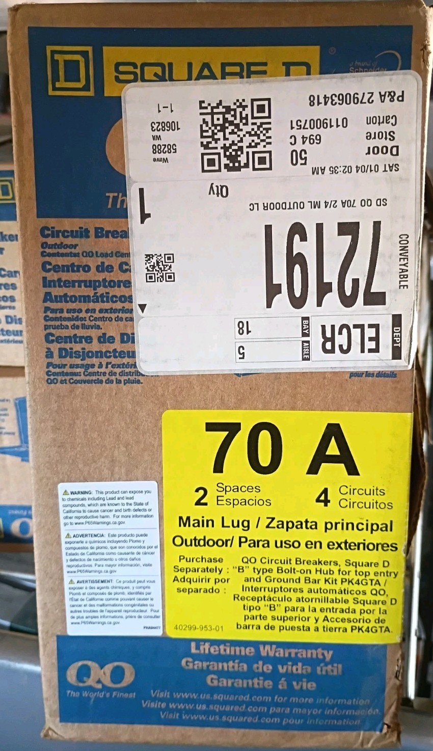 Square D QO24L70F 70A Load Center Main Lug 1-Phase 2-Spaces 4-Circuits 120/240V gallery