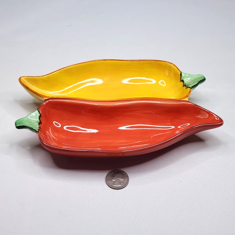 Clay Art Ceramic Chili Pepper Double Serving Dish 9x7in Dips Red Yellow gallery