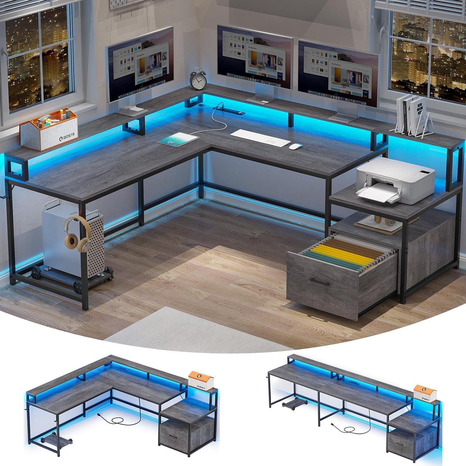 L Shaped Computer Desk, 66" Home Office Desk with File Drawer&Power Outlet(Grey) gallery
