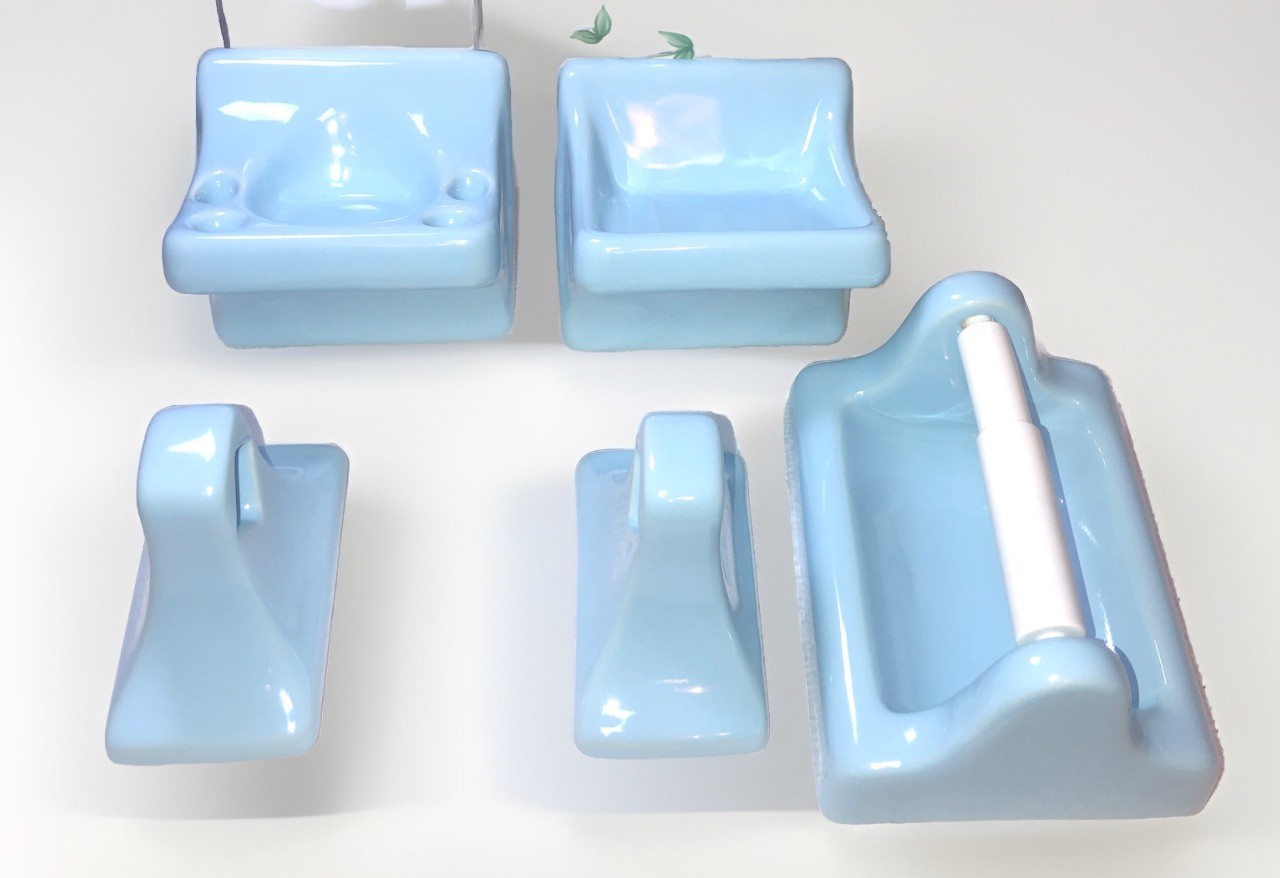 5PC Ceramic Tile In Blue MCM Bathroom Set Soap Towel Toothbrush Cup Toilet Paper gallery