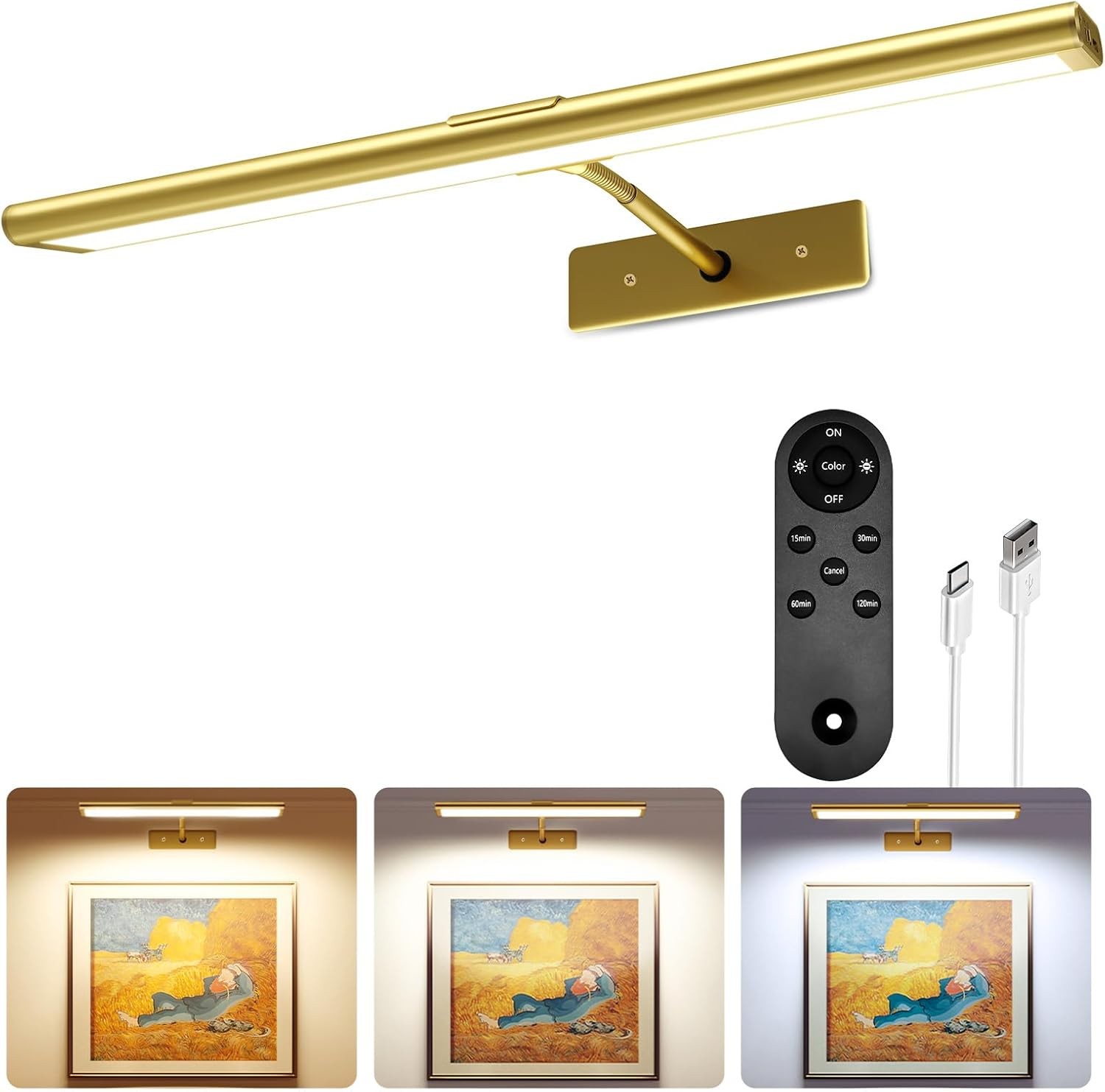 EZVALO Picture Light for Wall, 16'' Rechargeable 4800mAh 1Pack-16in, Gold gallery
