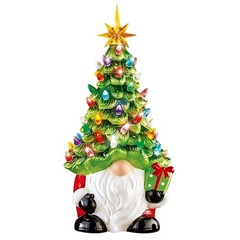 Lighted Christmas Gnome Tree, 8 Inch Faceless Old Man Ceramic Decor with Mult…