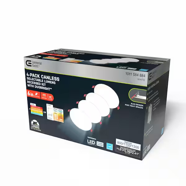 Commercial Electric 6” LED Canless Recessed Light 4 Pack Selectable Lumens 92291 gallery