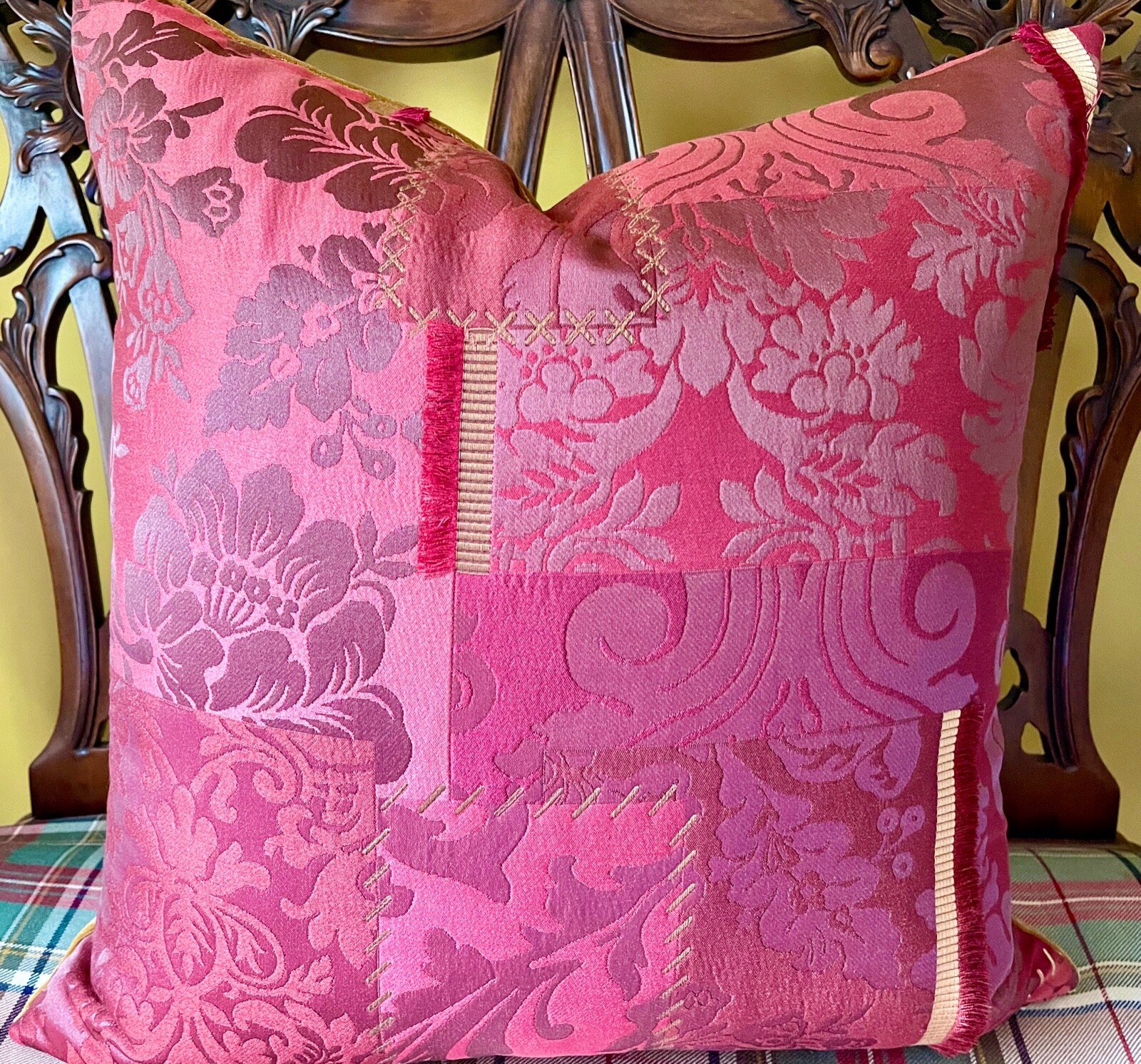 Lee Jofa Mulberry Home PATCHWORK Reds Gold Silk Blend Italian Damask Pillow Cvr gallery