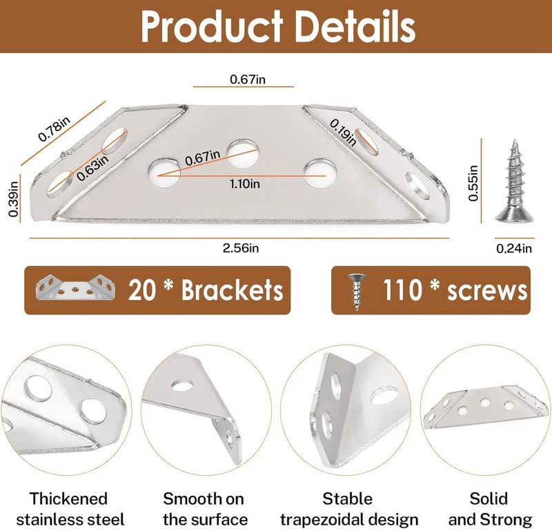 Furniture Corner Connector - 20PCS Universal Stainless Steel L Brackets for Wood gallery