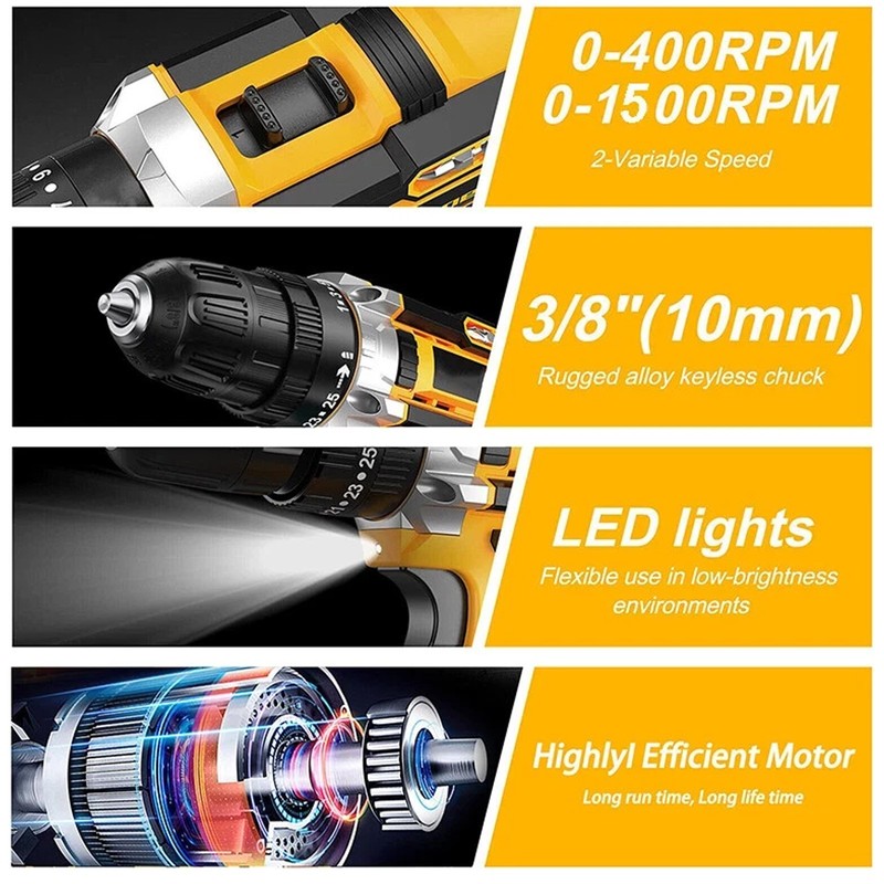 Cordless Brushless Impact Driver Hammer Drill Combo Kit with 2 Battery & Charger gallery
