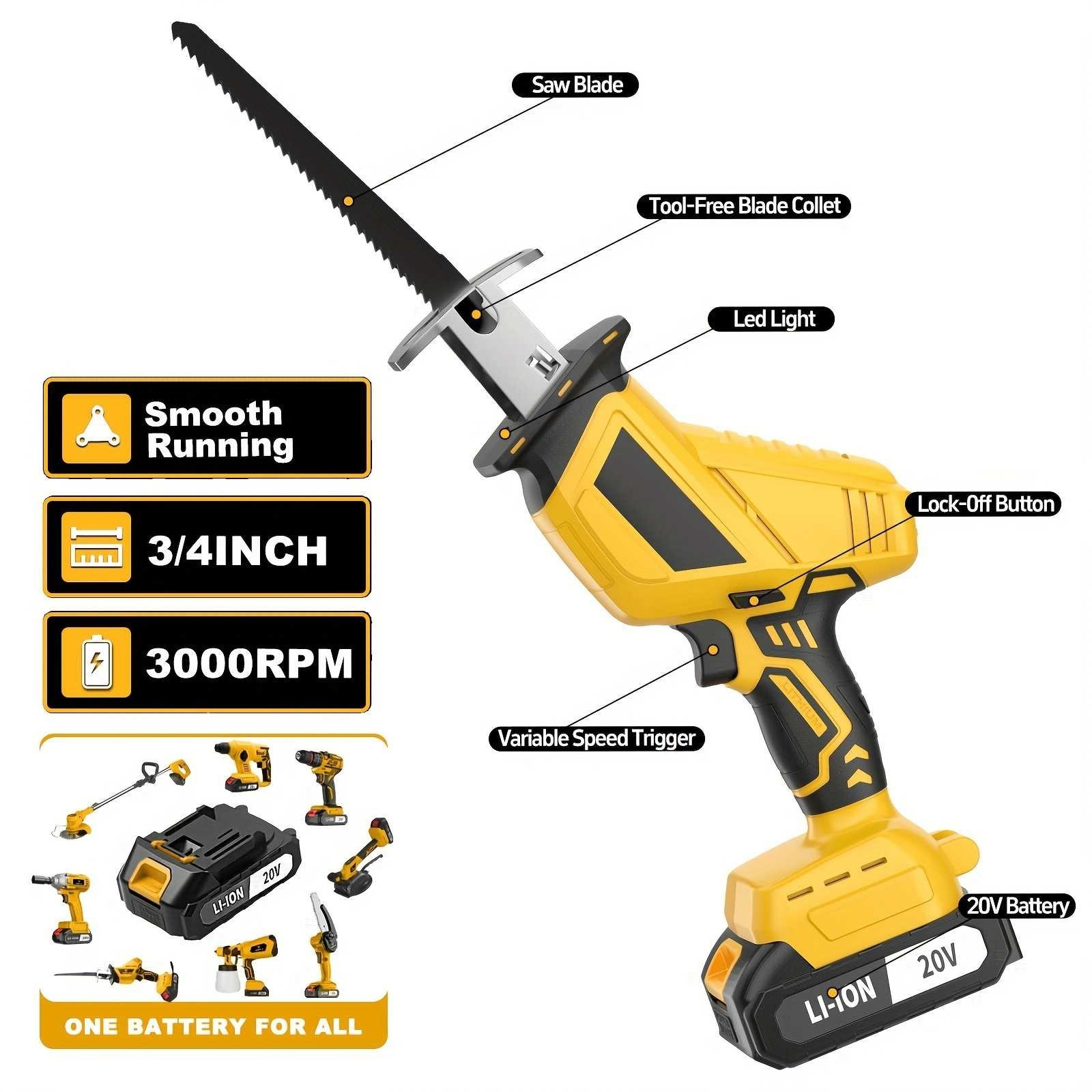 Cordless Reciprocating Saw 20V Brushless Electric Tool 4X Blades 1X Battery gallery