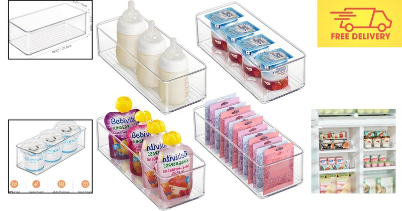 Compact 4 Pack Clear PET Storage Bins – Ideal for Fridge and Pantry Organization gallery