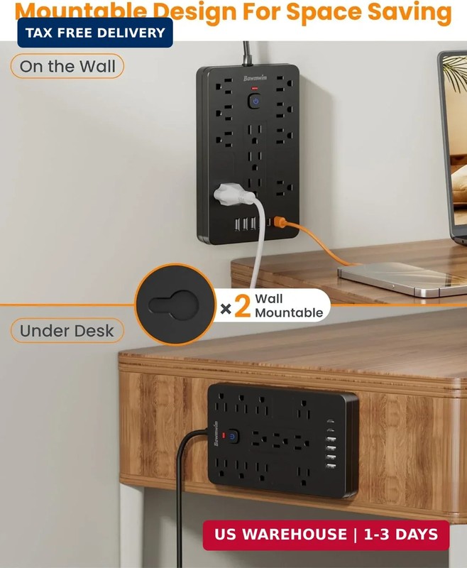 Surge Protector Power Strip - 11 Outlets(1850W/15A/14AWG) with 6 USB Ports(2 USB gallery