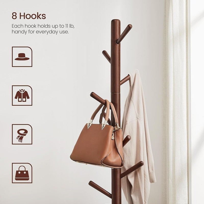 Durable Solid Wood Coat Rack Adjustable Height 3 Sections 8 Hooks Stable Base US gallery