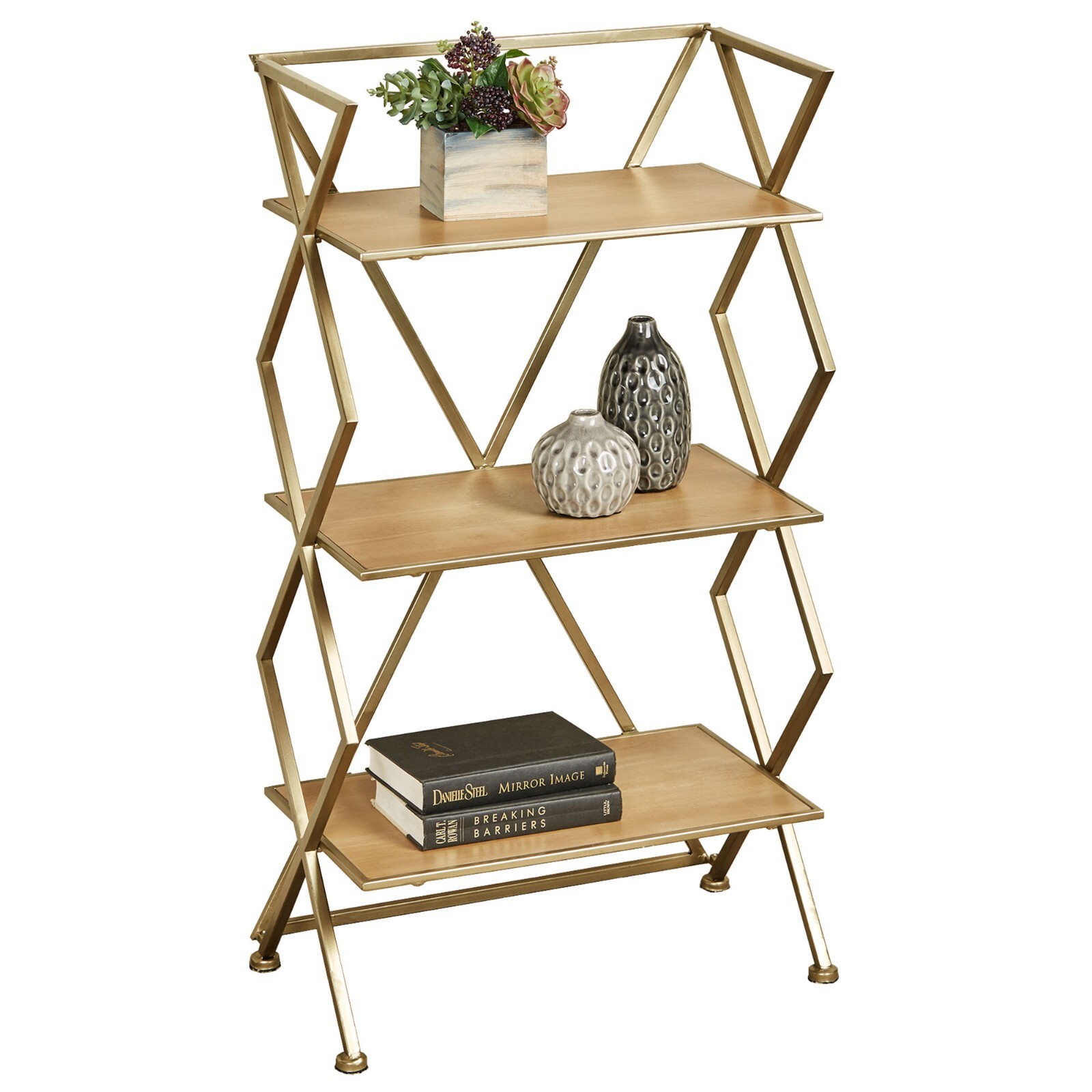 Modern Style Jamie Three Tier Gold Floor Shelf 41 Inches High gallery