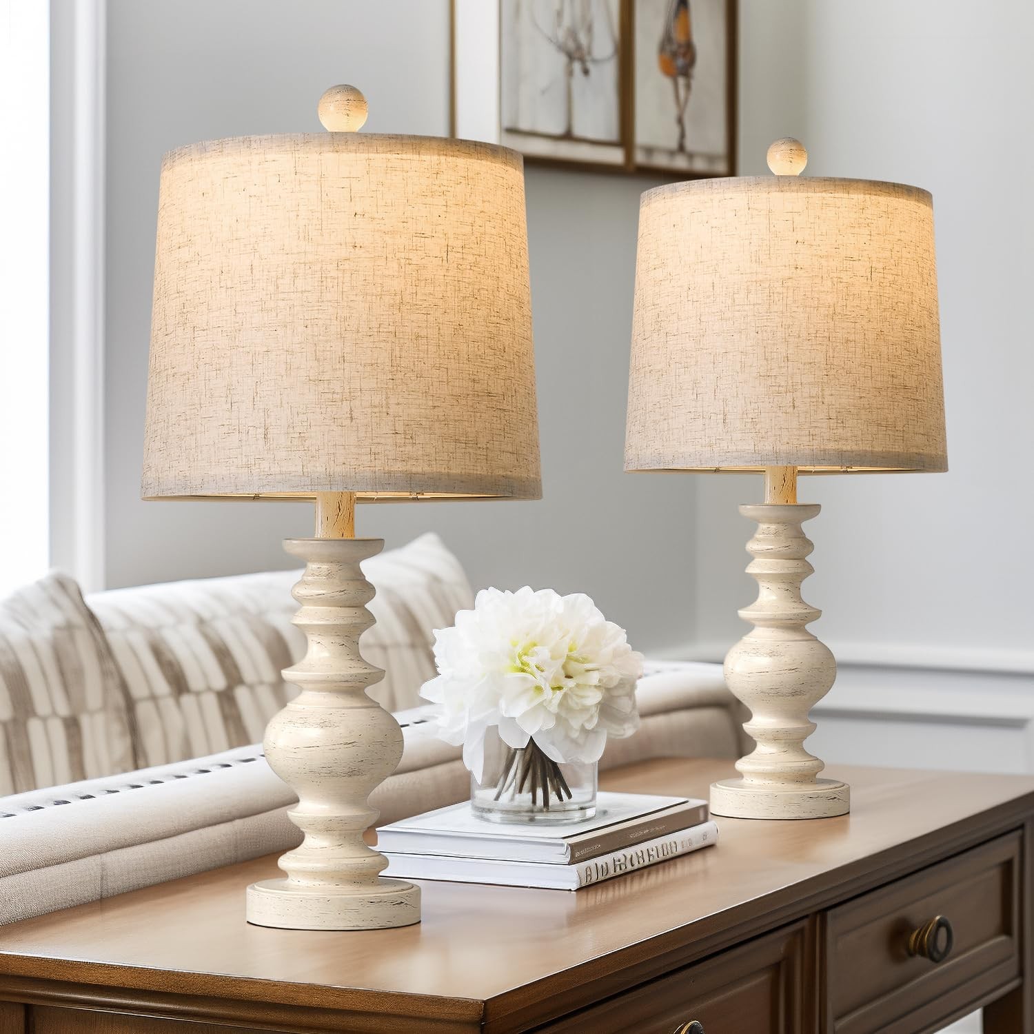20.5" Farmhouse Style Bedside Rustic White Table Lamp Set of 2 For Living Room gallery