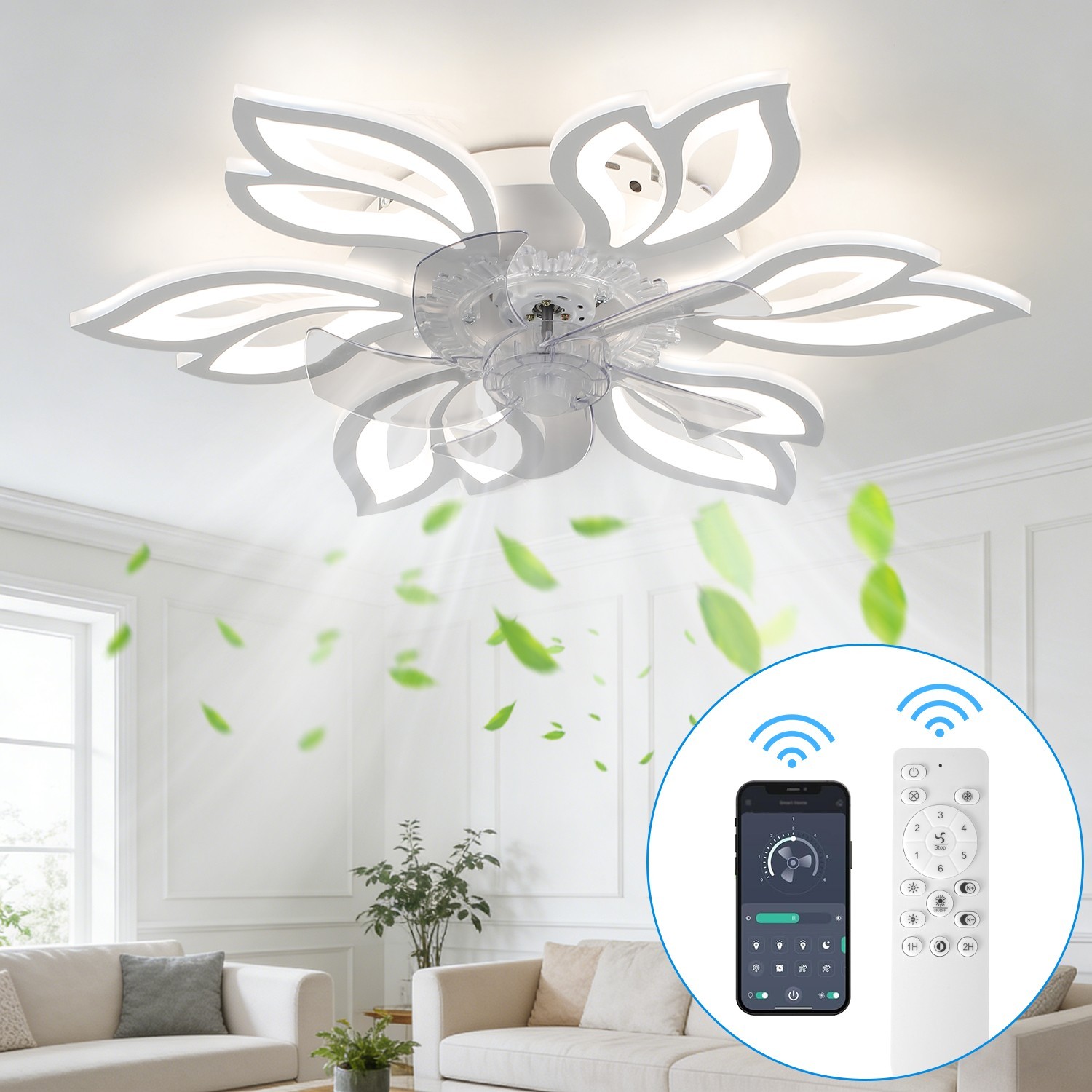 28.7" White Ceiling Fan with Light Low Profile LED Dimmable Remote 6 Speeds gallery