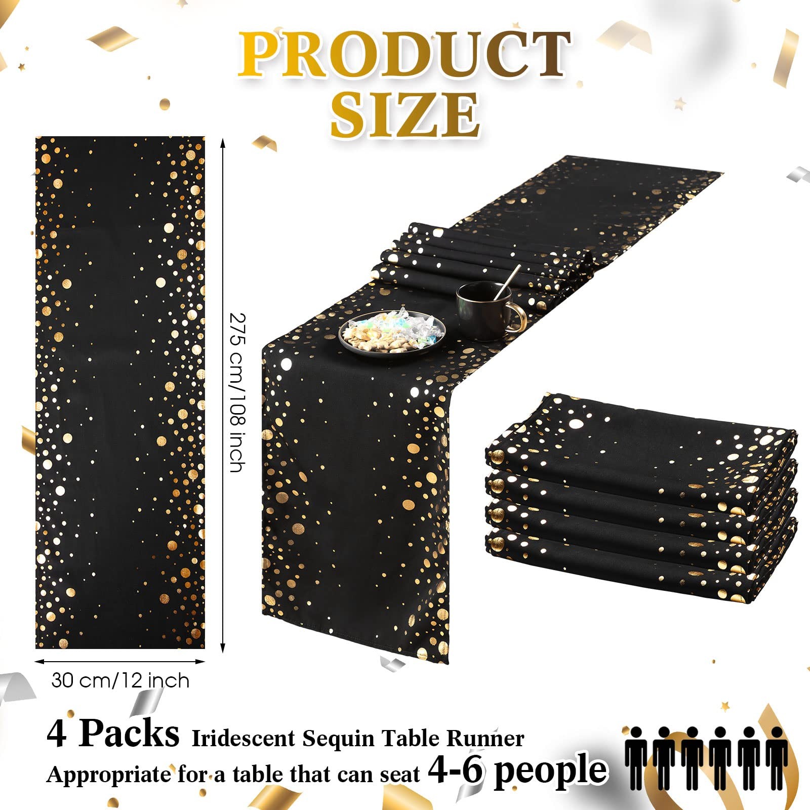 4 Pack Black and Gold Table Runner Decorations 12 x 108 Inch Sequin Rectangular gallery