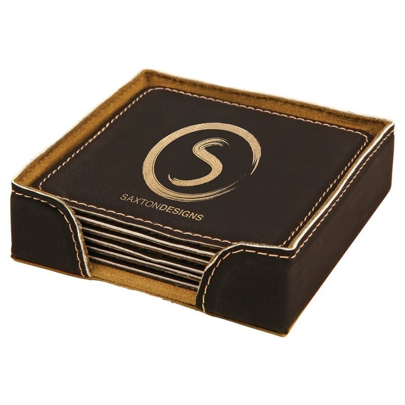 4" Square Laserable Leatherette Coaster With Holder (6 pack) gallery