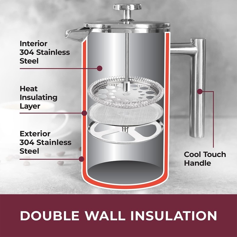 French Press Coffee Maker Stainless Steel Insulated Coffee Press 1000ml Silver gallery