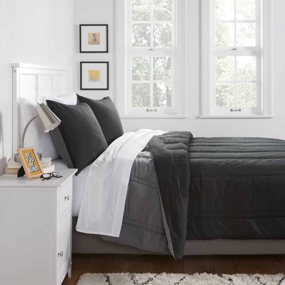 Full/Queen Lofty Microfiber Comforter Black - Room Essentials gallery