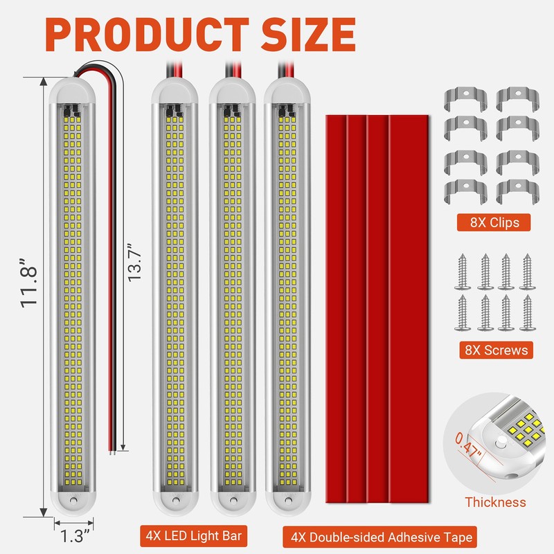 4Pcs 12V Interior LED Light Bar 120LED 2800LM Strip Lights 6000K ON/Off Switch gallery